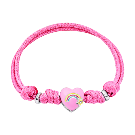 Браслет на шнурку Веселкове серце з рожевою емаллю та фіанітом