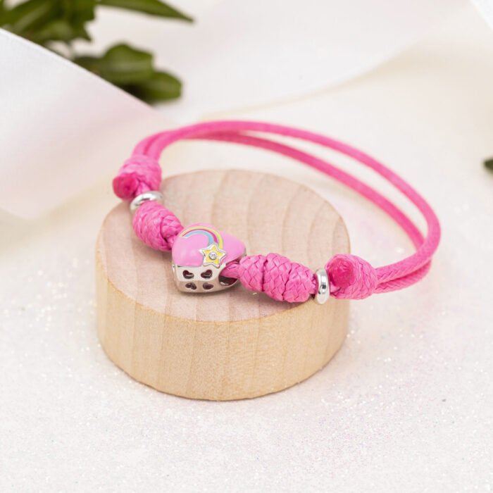 Браслет на шнурку Веселкове серце з рожевою емаллю та фіанітом - Зображення 4