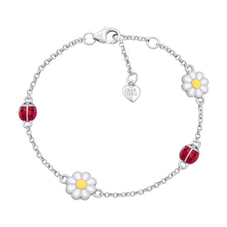Браслет на ланцюжку Ромашка з сонечком із білою, жовтою та червоною емаллю