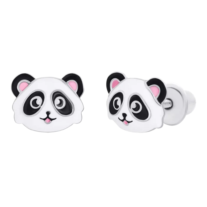 Сережки-пусети Панда з біло-чорною та рожевою емаллю - Зображення 2