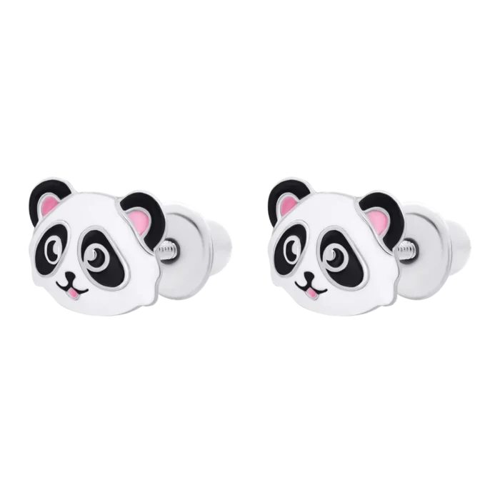 Сережки-пусети Панда з біло-чорною та рожевою емаллю - Зображення 3