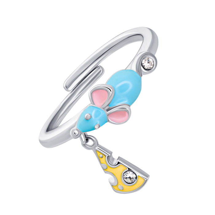 Каблучка Мишеня з сиром із блакитною, жовтою емаллю та фіанітами - Зображення 2