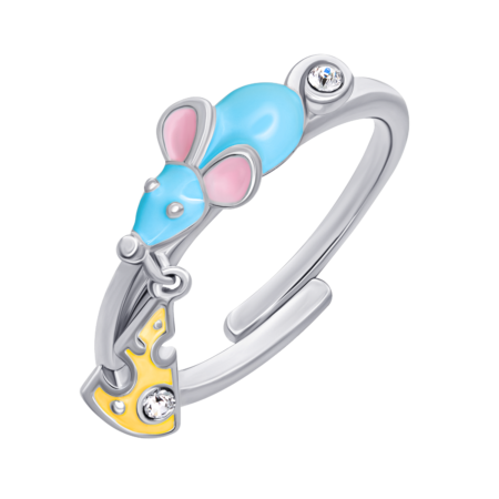 Каблучка Мишеня з сиром із блакитною, жовтою емаллю та фіанітами