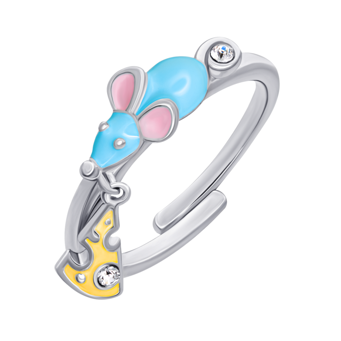 Каблучка Мишеня з сиром із блакитною, жовтою емаллю та фіанітами - Зображення 1