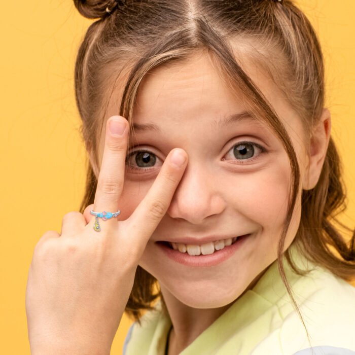 Каблучка Мишеня з сиром із блакитною, жовтою емаллю та фіанітами - Зображення 5