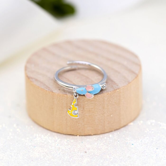 Каблучка Мишеня з сиром із блакитною, жовтою емаллю та фіанітами - Зображення 3