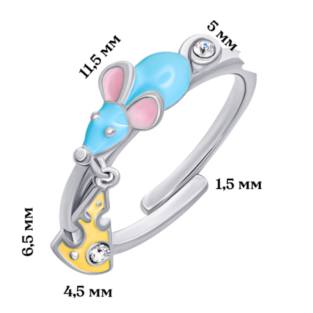 Каблучка Мишеня з сиром із блакитною, жовтою емаллю та фіанітами - Зображення 4