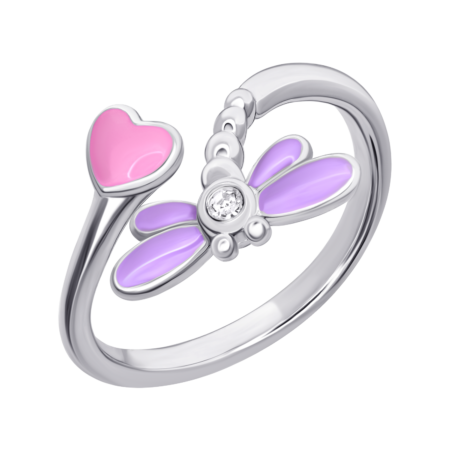 Каблучка Бабка з фіолетовою, рожевою емаллю та фіанітом - Зображення 2