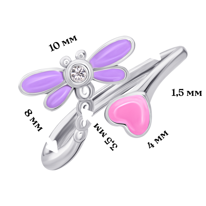 Каблучка Бабка з фіолетовою, рожевою емаллю та фіанітом - Зображення 5