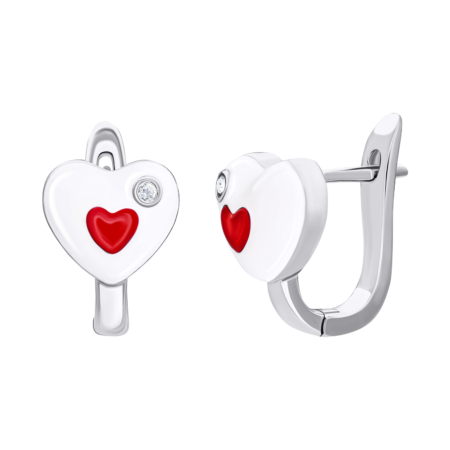 Сережки Серце в серці з біло-червоною емаллю та фіанітами - Зображення 2