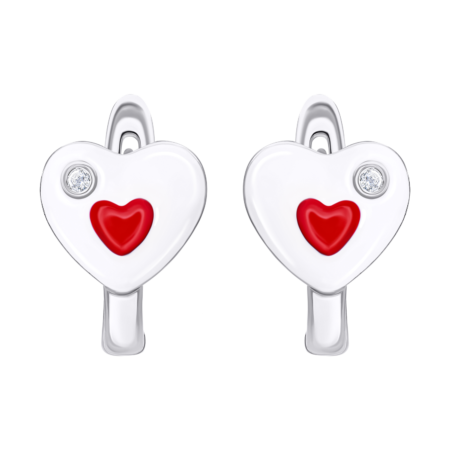 Сережки Серце в серці з біло-червоною емаллю та фіанітами