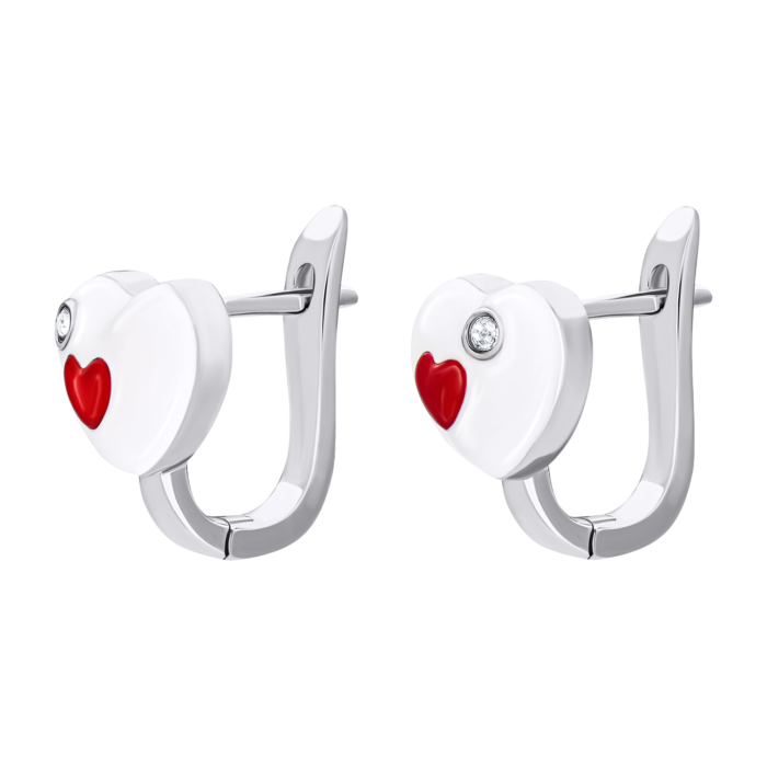 Сережки Серце в серці з біло-червоною емаллю та фіанітами - Зображення 3