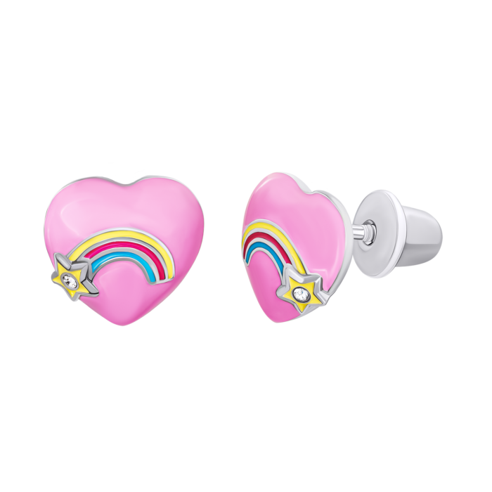 Сережки-пусети Веселкове серце з рожевою емаллю та фіанітами - Зображення 2