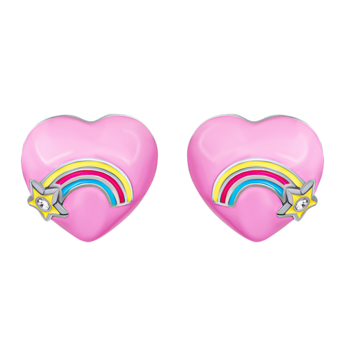Сережки-пусети Веселкове серце з рожевою емаллю та фіанітами - Зображення 1