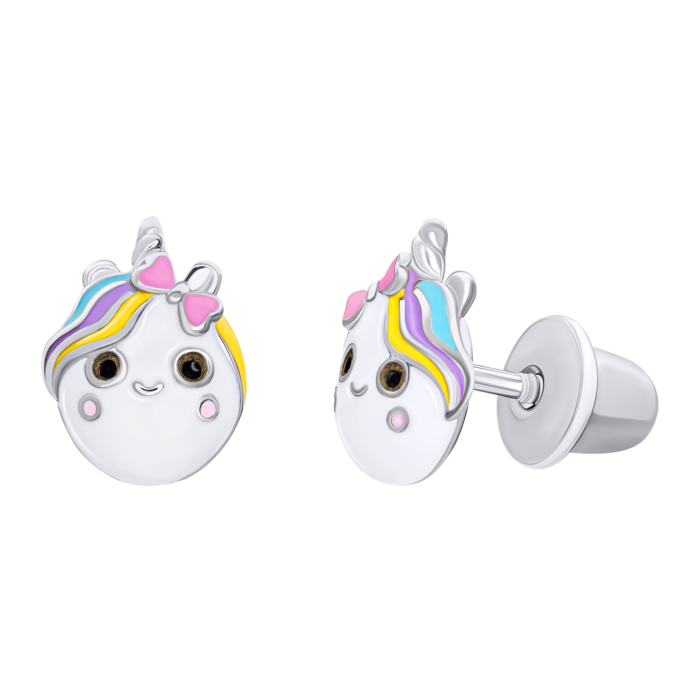 Сережки-пусети Єдиноріжка з різнобарвною емаллю - Зображення 1