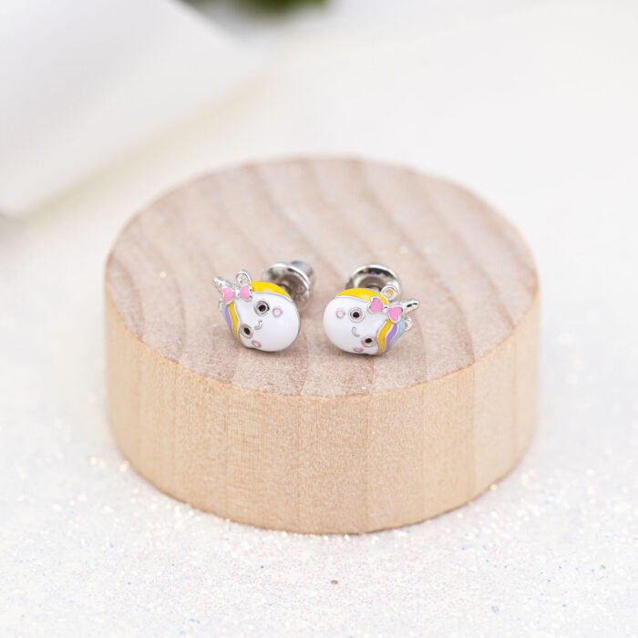 Сережки-пусети Єдиноріжка з різнобарвною емаллю - Зображення 4