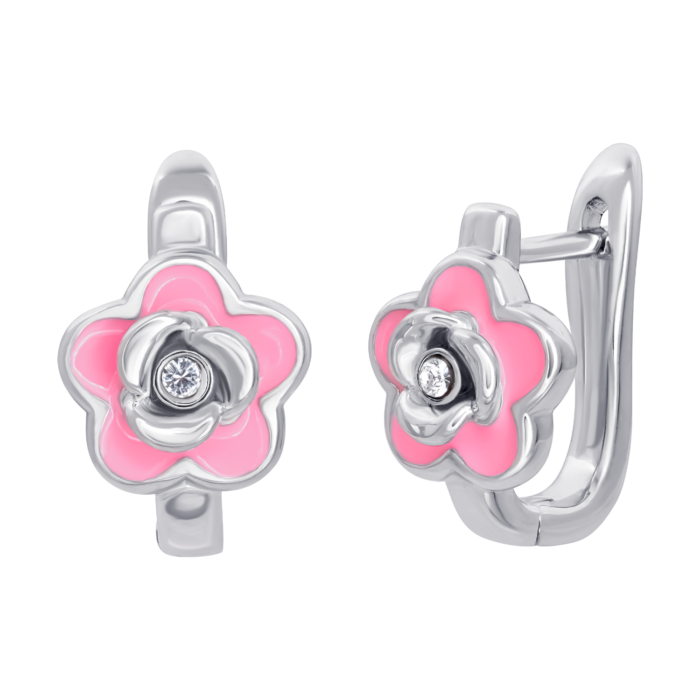 Сережки Квіточка з камінчиком з рожевою емаллю та фіанітами - Зображення 2