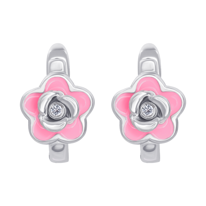 Сережки Квіточка з камінчиком з рожевою емаллю та фіанітами - Зображення 1