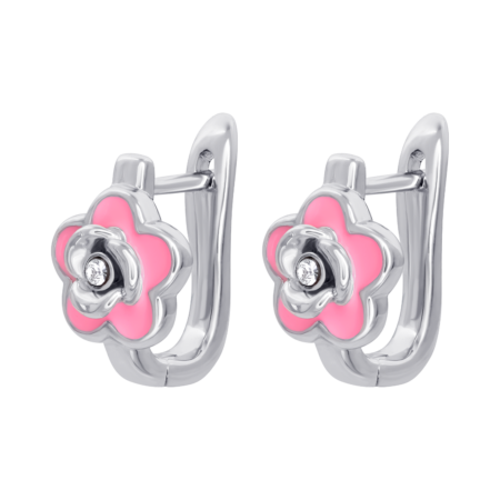 Сережки Квіточка з камінчиком з рожевою емаллю та фіанітами - Зображення 3