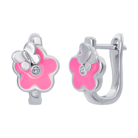 Сережки Квіточка з метеликом з рожевою емаллю та фіанітами