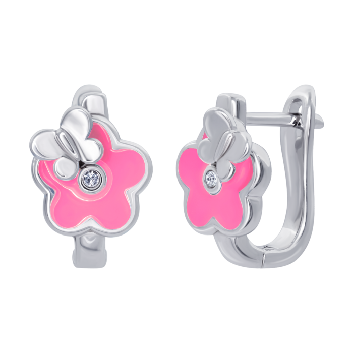 Сережки Квіточка з метеликом з рожевою емаллю та фіанітами - Зображення 1