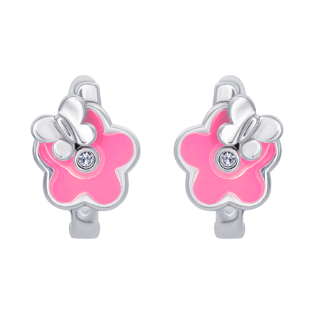 Сережки Квіточка з метеликом з рожевою емаллю та фіанітами - Зображення 2