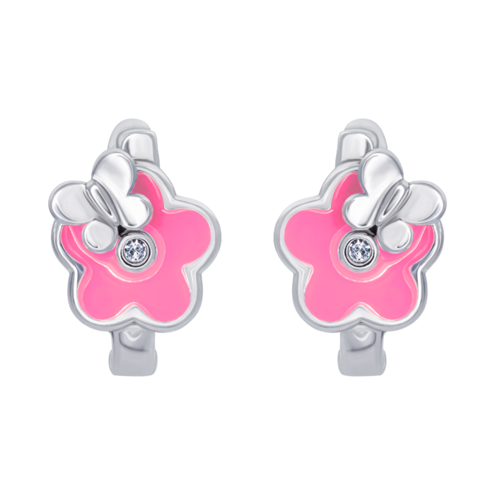 Сережки Квіточка з метеликом з рожевою емаллю та фіанітами - Зображення 2