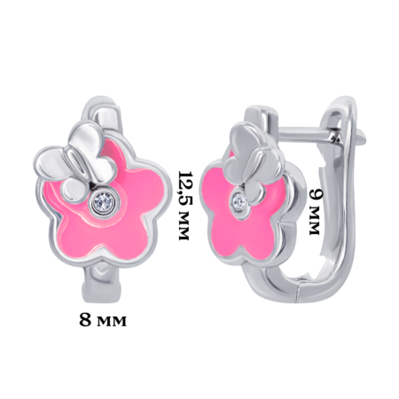 Сережки Квіточка з метеликом з рожевою емаллю та фіанітами - Зображення 3