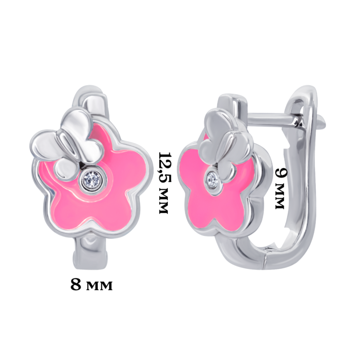 Сережки Квіточка з метеликом з рожевою емаллю та фіанітами - Зображення 3