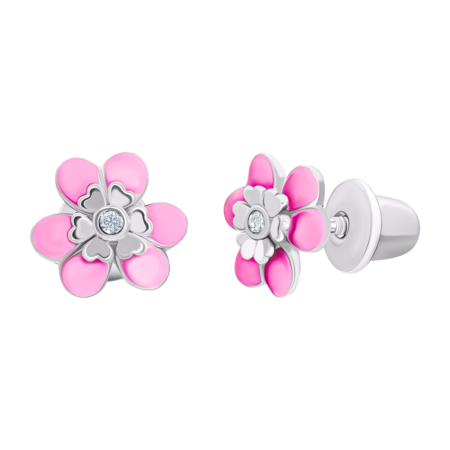 Сережки-пусети Магнолія з рожевою емаллю та фіанітами - Зображення 2