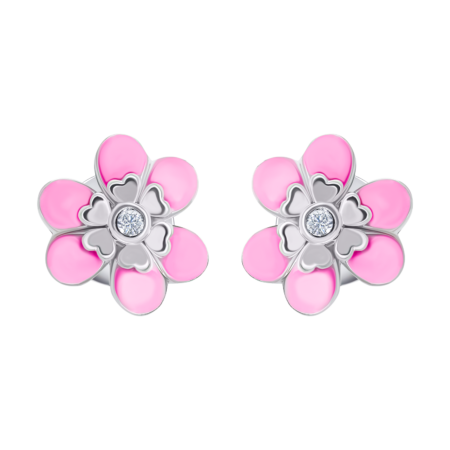 Сережки-пусети Магнолія з рожевою емаллю та фіанітами