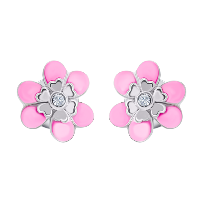 Сережки-пусети Магнолія з рожевою емаллю та фіанітами - Зображення 1