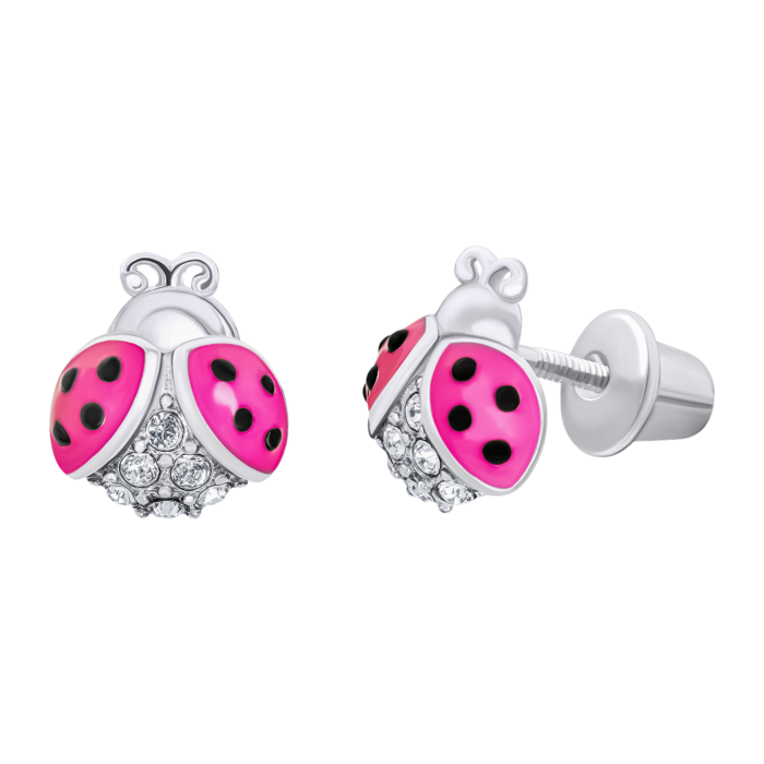 Сережки-пусети Сонечко блискуче з рожевою емаллю та фіанітами - Зображення 2