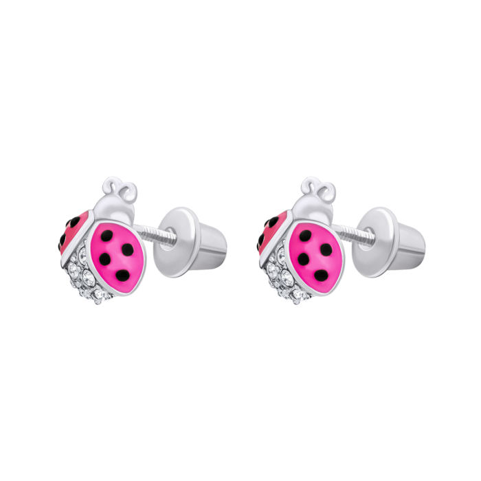 Сережки-пусети Сонечко блискуче з рожевою емаллю та фіанітами - Зображення 3