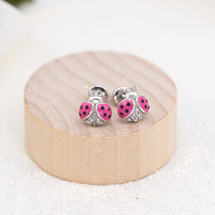 Сережки-пусети Сонечко блискуче з рожевою емаллю та фіанітами - Зображення 5