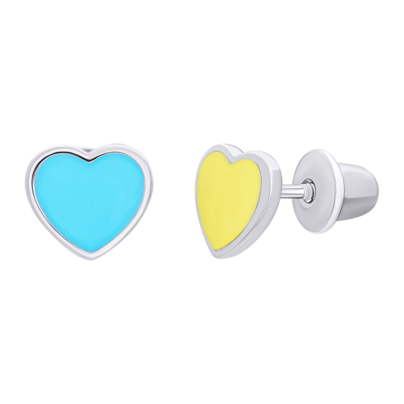 Сережки-пусети Україна у формі серця із жовтою та блакитною емаллю