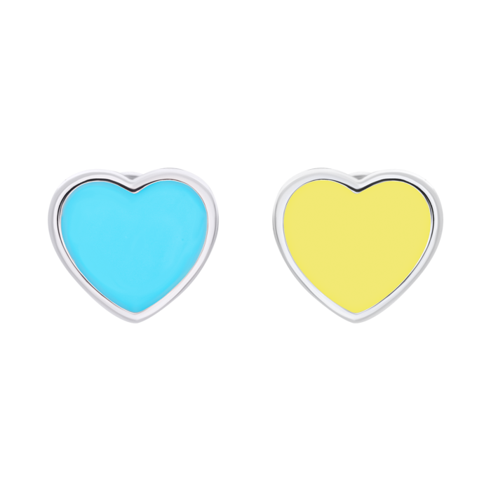 Сережки-пусети Україна у формі серця із жовтою та блакитною емаллю - Зображення 3