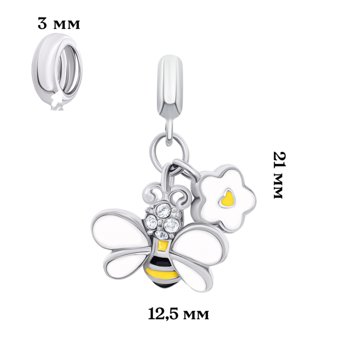 Кулон Бджілка з квіточкою з біло-жовтою емаллю та фіанітами - Зображення 4