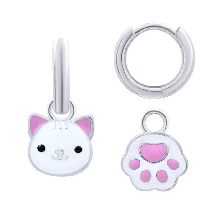 Сережки з підвісами 12х12 Котик з лапкою Білий - Зображення 1