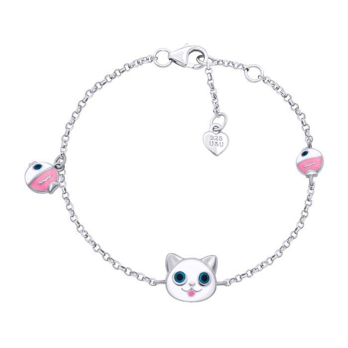 Браслет на ланцюжку Котик з рибкою із білою та рожевою емаллю - Зображення 1