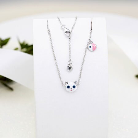 Кольє Котик з рибкою із білою та рожевою емаллю - Зображення 4