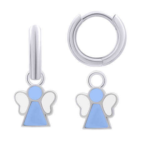 Сережки з підвісами Янголятко з блакитною та білою емаллю, d 12 мм - Зображення 3