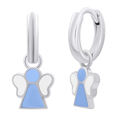 Сережки з підвісами Янголятко з блакитною та білою емаллю, d 12 мм