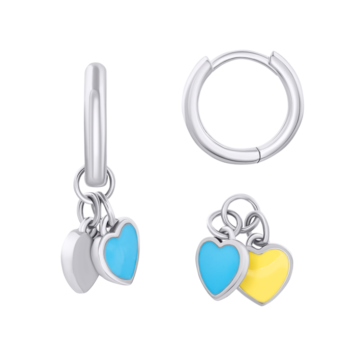 Сережки з підвісами-серцями Україна із жовтою та блакитною емаллю 12 мм - Зображення 1