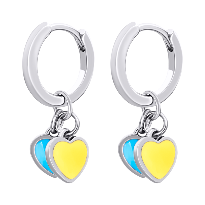 Сережки з підвісами-серцями Україна із жовтою та блакитною емаллю 12 мм - Зображення 3