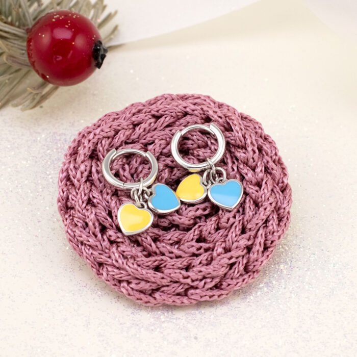 Сережки з підвісами-серцями Україна із жовтою та блакитною емаллю 12 мм - Зображення 7