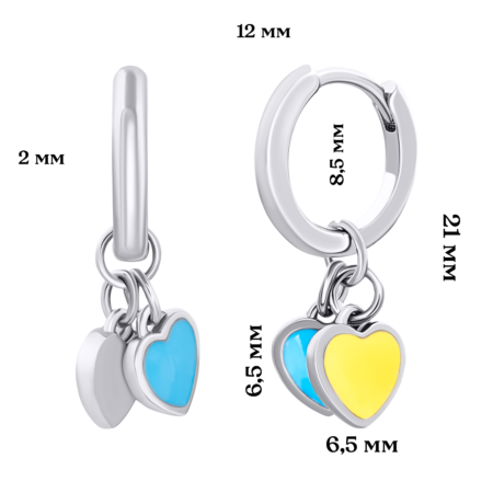 Сережки з підвісами-серцями Україна із жовтою та блакитною емаллю 12 мм - Зображення 8