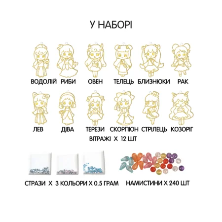 2045007 Набір для творчості, вітражі та вітражні фарби  Знаки зодіаку , 12 підвісок, 9 фарб - Зображення 2