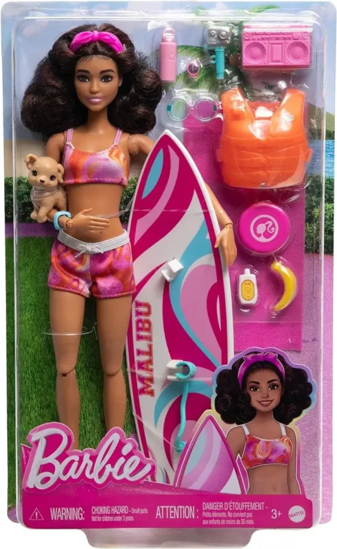 Лялька Barbie з дошкою для серфінгу та домашнім цуценям