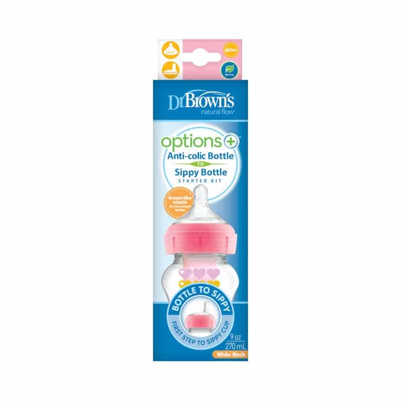 wb91604_pkg_f_options-_wide-neck_bottle_to_sippy_starter_kit_pink_hearts.jpg.pagespeed.ce.35OhulZdaG Антиколікова пляшечка- поїльник для годування Option+ Рожеві серця з широким горлечком та з соскою рівень 3 х 1 шт., 270 мл, 1 шт. в упаковці - Зображення 1